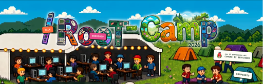 Un banner in stile pixel art mostra la scritta colorata "ROOT CAMP 2026" su uno sfondo di alberi e un cielo con nuvole. La lettera 'R' presenta una bolla di testo con scritto "TALK", mentre una delle lettere 'O' contiene un ingranaggio con la scritta "WORKSHOP". Le lettere della parola "Camp" integrano illustrazioni di paesaggi naturali. Sotto il titolo, diverse persone sono sedute a tavoli con laptop davanti ad alcune tende arancioni e sotto una struttura bianca. Sono presenti anche il testo "con il patrocinio del COMUNE DI BERTINORO" e un cartello con la scritta "CAMPEGGIO".