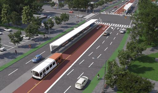 Immagine dedicata al progetto BRT EUR-Ostia, con riferimento al futuro collegamento tra EUR Fermi e Ostia Centro. La rappresentazione richiama un sistema di trasporto rapido su gomma, pensato per utilizzare mezzi ad alta capacità e una sede riservata. Il progetto è ancora nella fase dello studio di fattibilità, precedente alla progettazione definitiva e alla costruzione.